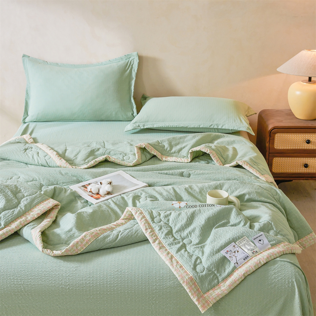 91家纺网 家纺一手货源 找家纺 （总）西域种棉人 2026新款A类新疆棉花夏凉被加宽包边水洗棉泡泡纱吸湿透气棉花夏被空调被纯色烫画