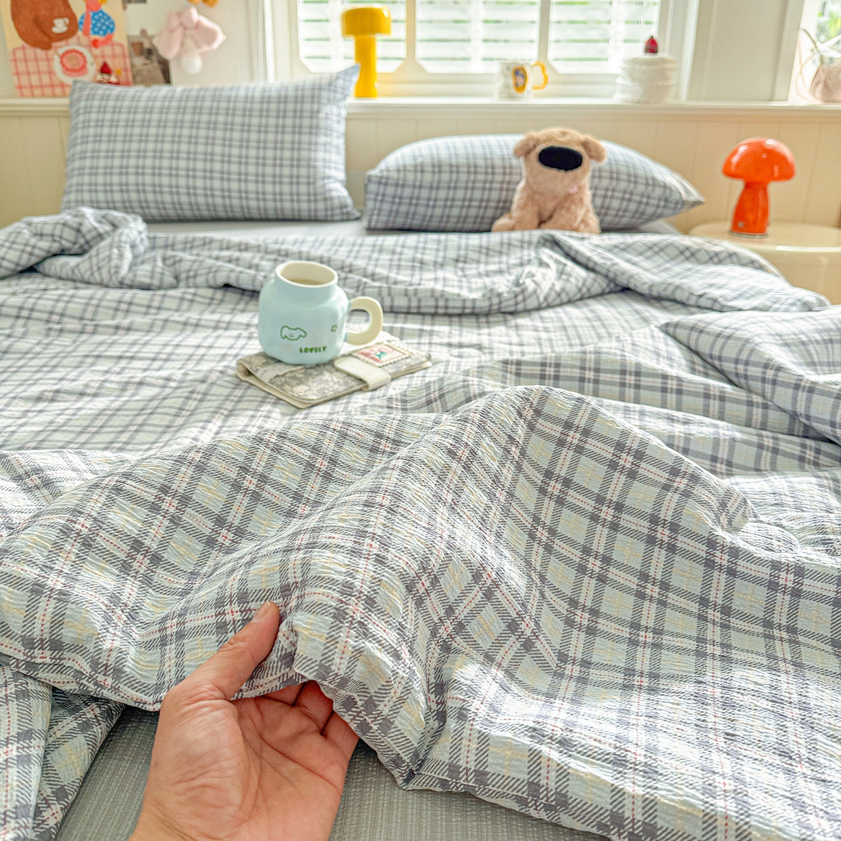 91家纺网 家纺一手货源 找家纺 N先生+V 13814689556 发大图/买家秀 2026新款A类无印风双层纱夏被夏凉被空调被 知禾-蓝（夏被）