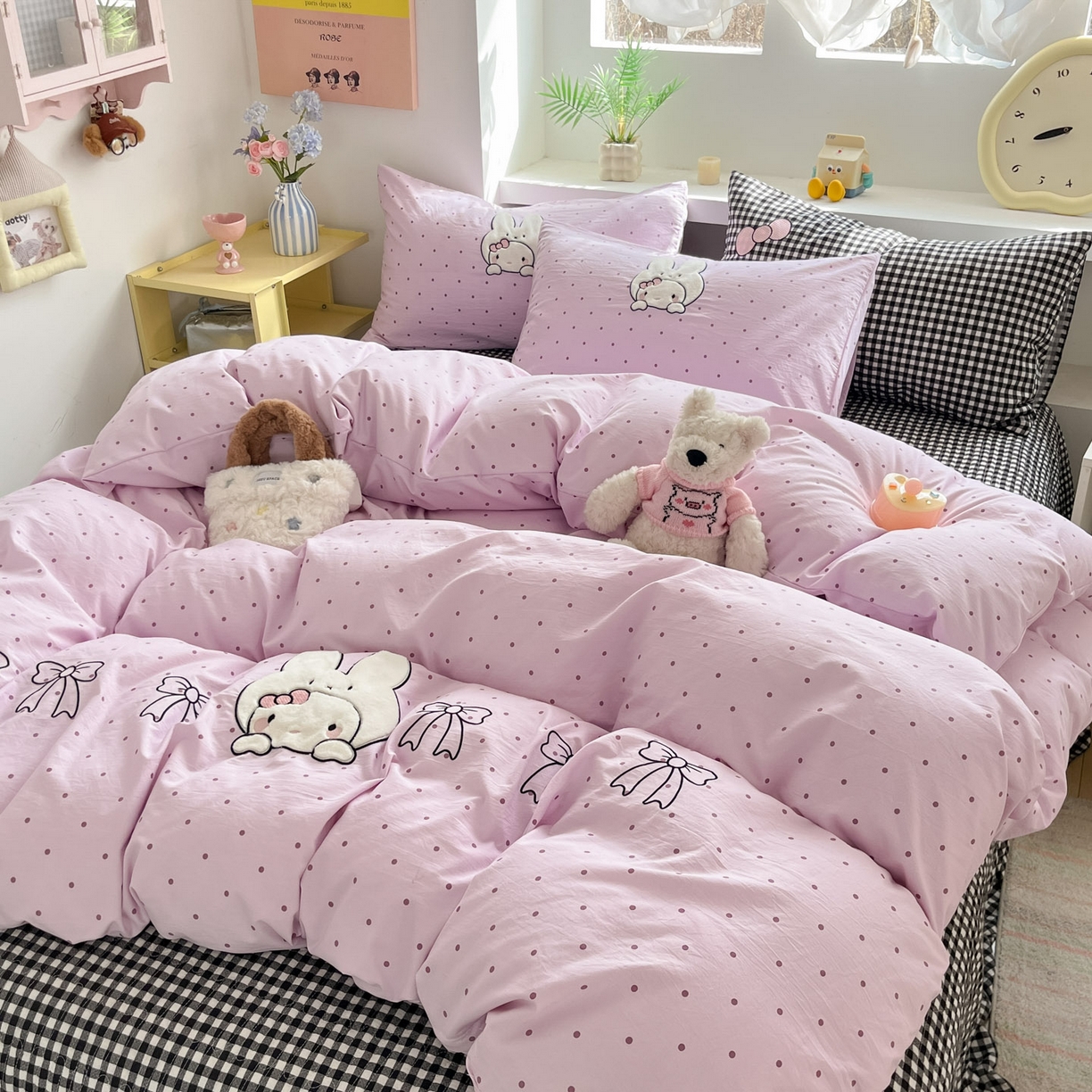 格真 2026新款立体绣花贴布绣单品枕套被套三件套 小白兔波点紫