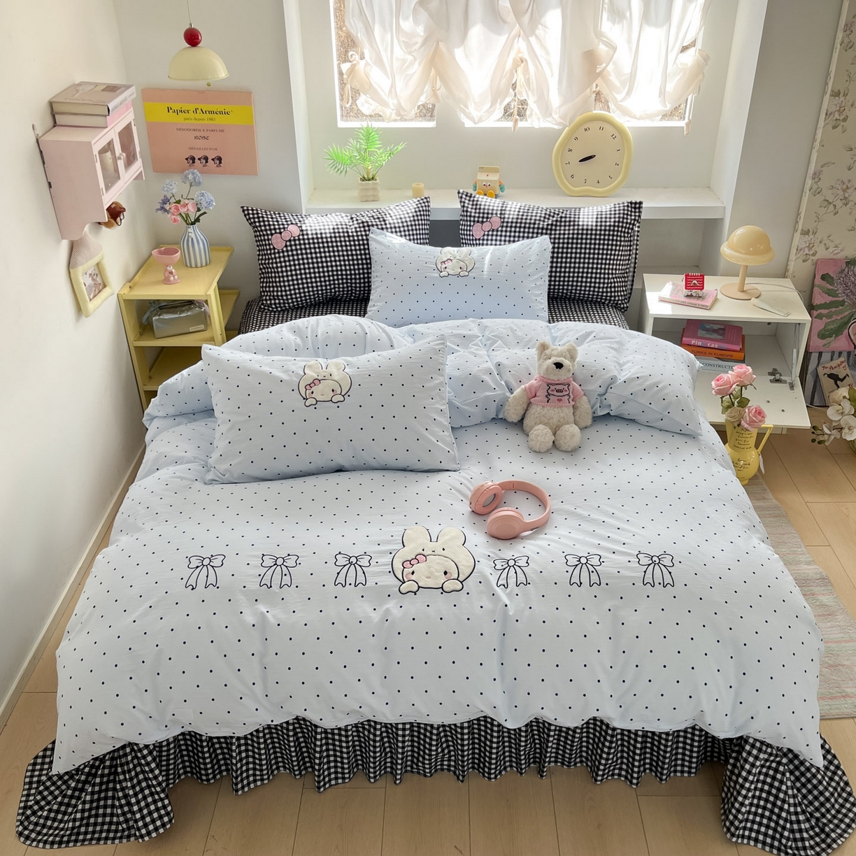 91家纺网 家纺一手货源 找家纺 格真 2026新款立体绣花贴布绣单品枕套被套三件套 小白兔波点兰