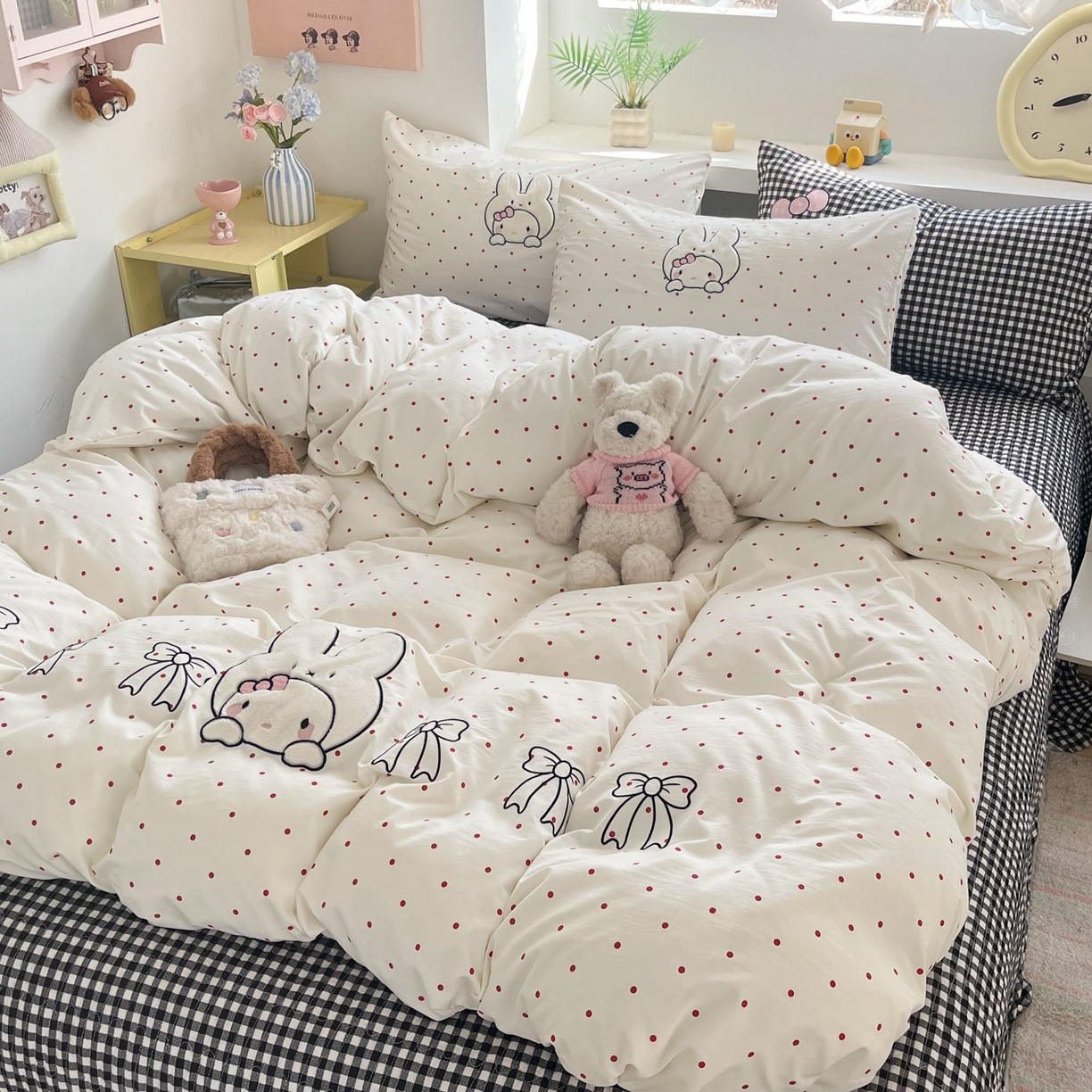 91家纺网 家纺一手货源 找家纺 格真 2026新款立体绣花贴布绣单品枕套被套三件套 小白兔波点红