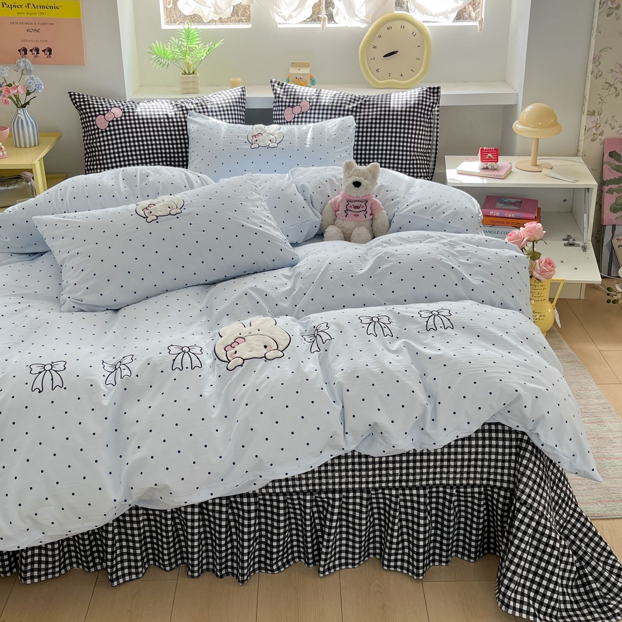 91家纺网 家纺一手货源 找家纺 格真 2026新款立体绣花贴布绣单品枕套被套三件套 小白兔波点兰