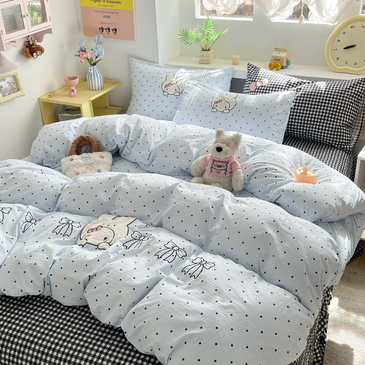 格真 2026新款立体绣花贴布绣单品枕套被套三件套 小白兔波点兰