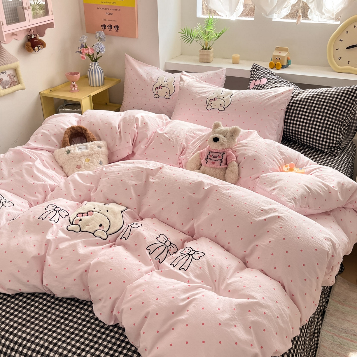 格真 2026新款立体绣花贴布绣单品枕套被套三件套 小白兔波点粉