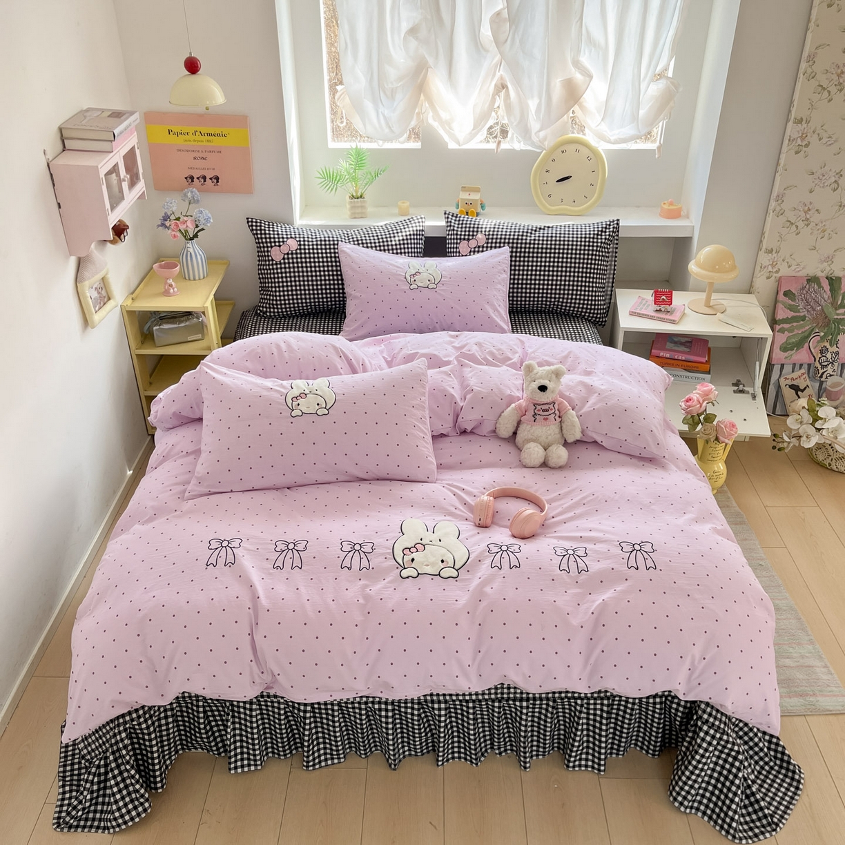 91家纺网 家纺一手货源 找家纺 格真 2026新款立体绣花贴布绣单品枕套被套三件套 小白兔波点紫