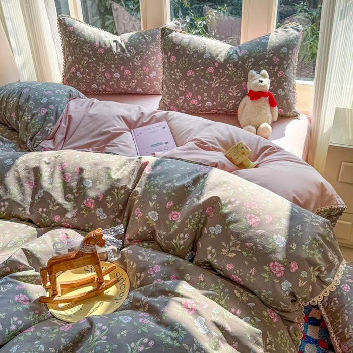 91家纺网 家纺一手货源 找家纺 （总）宅家居 2026爆款田园风甜美小清新喷气印花纯棉四件套韩式圈圈花边40支全棉三件套