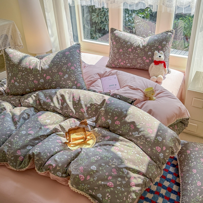 91家纺网 家纺一手货源 找家纺 （总）宅家居 2026爆款田园风甜美小清新喷气印花纯棉四件套韩式圈圈花边40支全棉三件套