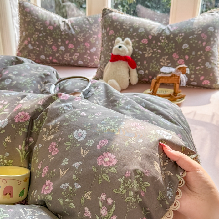 91家纺网 家纺一手货源 找家纺 （总）宅家居 2026爆款田园风甜美小清新喷气印花纯棉四件套韩式圈圈花边40支全棉三件套