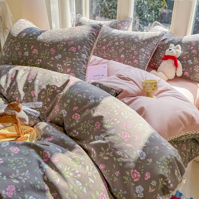 91家纺网 家纺一手货源 找家纺 （总）宅家居 2026爆款田园风甜美小清新喷气印花纯棉四件套韩式圈圈花边40支全棉三件套