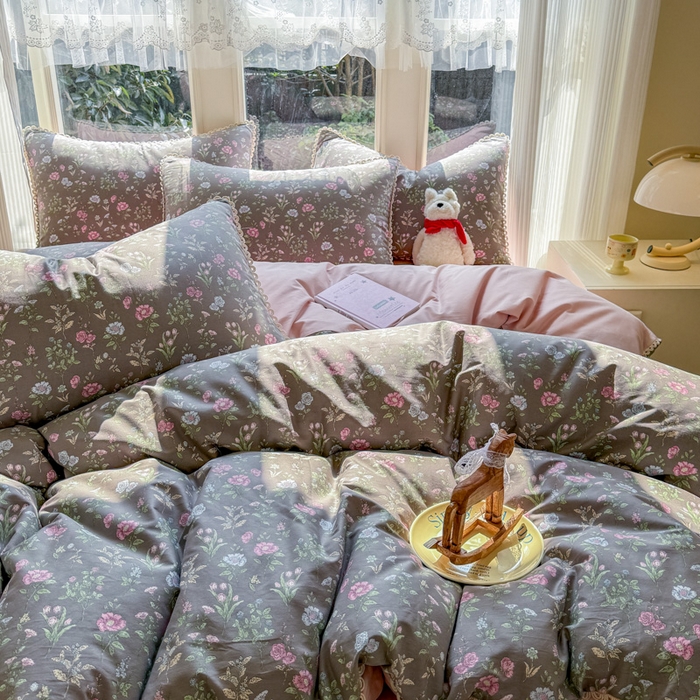 91家纺网 家纺一手货源 找家纺 （总）宅家居 2026爆款田园风甜美小清新喷气印花纯棉四件套韩式圈圈花边40支全棉三件套