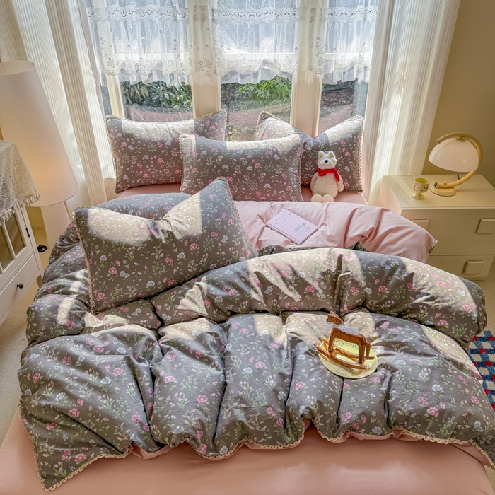 91家纺网 家纺一手货源 找家纺 （总）宅家居 2026爆款田园风甜美小清新喷气印花纯棉四件套韩式圈圈花边40支全棉三件套