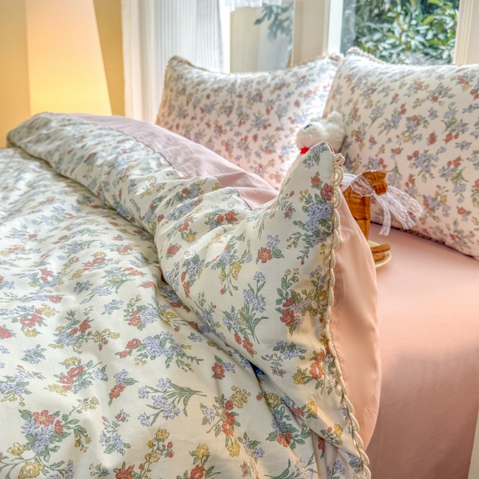 91家纺网 家纺一手货源 找家纺 宅家居 2026爆款田园风甜美小清新喷气印花纯棉四件套韩式圈圈花边40支全棉三件套 粉黛