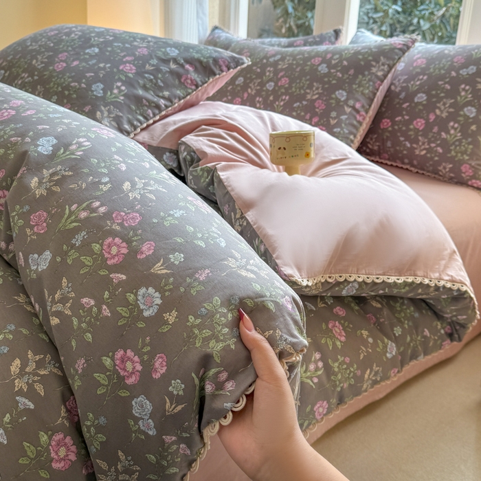 91家纺网 家纺一手货源 找家纺 （总）宅家居 2026爆款田园风甜美小清新喷气印花纯棉四件套韩式圈圈花边40支全棉三件套