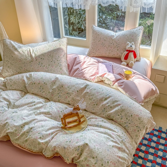 91家纺网 家纺一手货源 找家纺 宅家居 2026爆款田园风甜美小清新喷气印花纯棉四件套韩式圈圈花边40支全棉三件套 花香