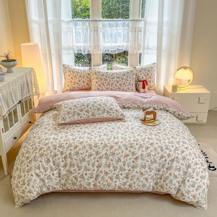 91家纺网 家纺一手货源 找家纺 宅家居 2026爆款田园风甜美小清新喷气印花纯棉四件套韩式圈圈花边40支全棉三件套 粉黛