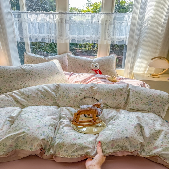 91家纺网 家纺一手货源 找家纺 宅家居 2026爆款田园风甜美小清新喷气印花纯棉四件套韩式圈圈花边40支全棉三件套 花香