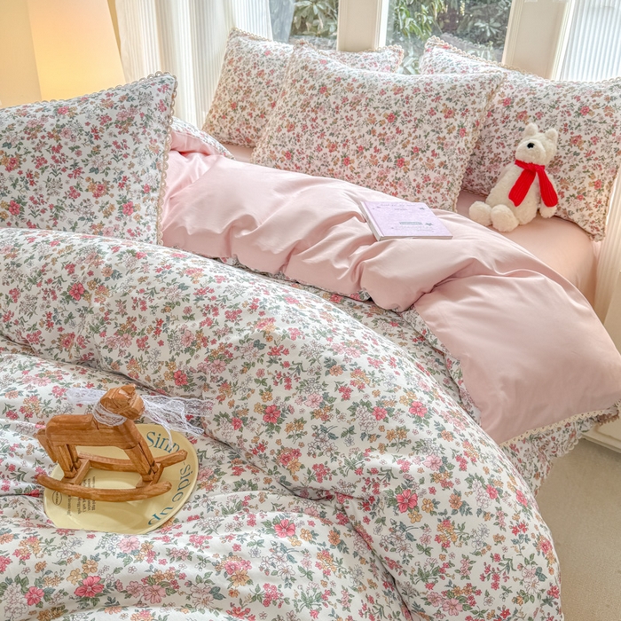 91家纺网 家纺一手货源 找家纺 宅家居 2026爆款田园风甜美小清新喷气印花纯棉四件套韩式圈圈花边40支全棉三件套 烟语