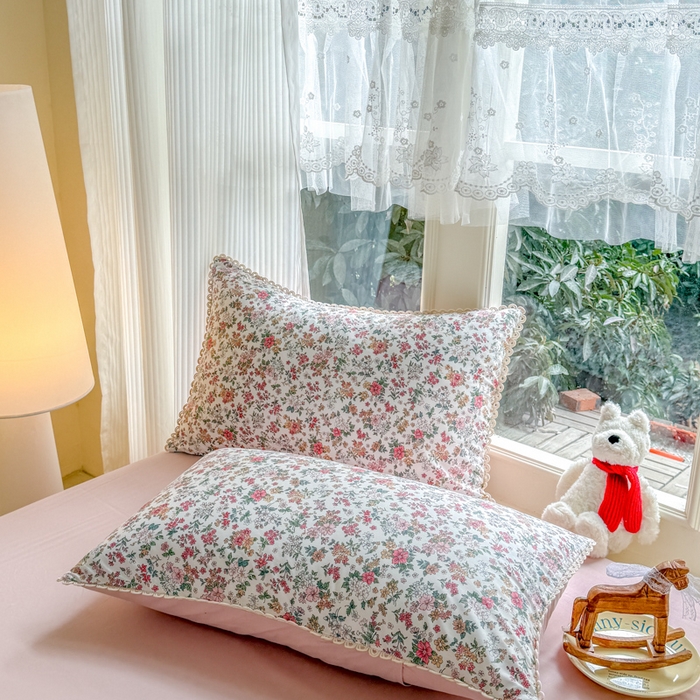 91家纺网 家纺一手货源 找家纺 宅家居 2026爆款田园风甜美小清新喷气印花纯棉四件套韩式圈圈花边40支全棉三件套 烟语