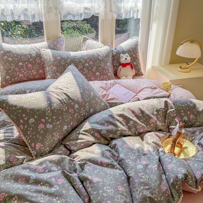 91家纺网 家纺一手货源 找家纺 宅家居 2026爆款田园风甜美小清新喷气印花纯棉四件套韩式圈圈花边40支全棉三件套 春色