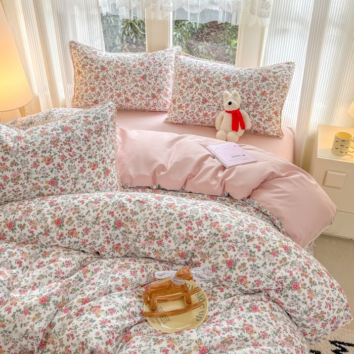 91家纺网 家纺一手货源 找家纺 宅家居 2026爆款田园风甜美小清新喷气印花纯棉四件套韩式圈圈花边40支全棉三件套 烟语