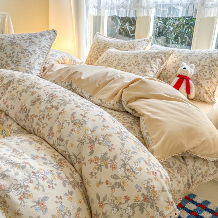 91家纺网 家纺一手货源 找家纺 宅家居 2026爆款田园风甜美小清新喷气印花纯棉四件套韩式圈圈花边40支全棉三件套 楼兰
