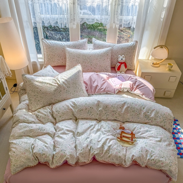 91家纺网 家纺一手货源 找家纺 宅家居 2026爆款田园风甜美小清新喷气印花纯棉四件套韩式圈圈花边40支全棉三件套 花香