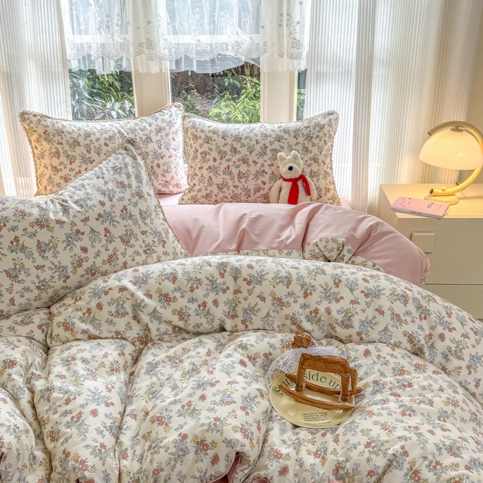 91家纺网 家纺一手货源 找家纺 宅家居 2026爆款田园风甜美小清新喷气印花纯棉四件套韩式圈圈花边40支全棉三件套 粉黛