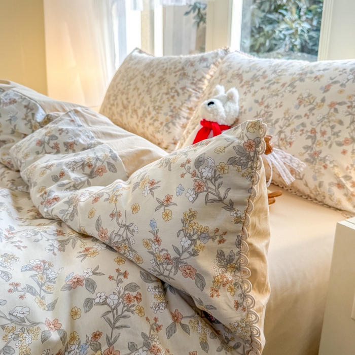 91家纺网 家纺一手货源 找家纺 宅家居 2026爆款田园风甜美小清新喷气印花纯棉四件套韩式圈圈花边40支全棉三件套 楼兰