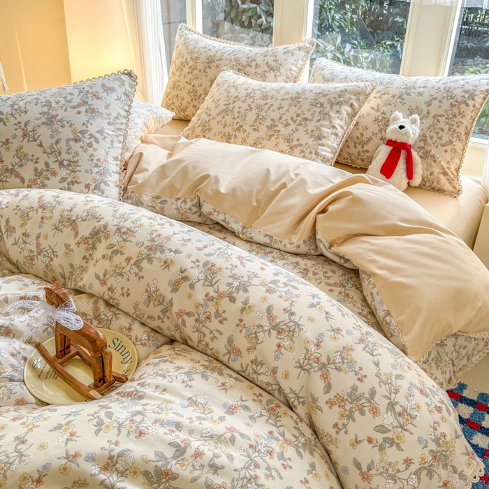 91家纺网 家纺一手货源 找家纺 宅家居 2026爆款田园风甜美小清新喷气印花纯棉四件套韩式圈圈花边40支全棉三件套 楼兰
