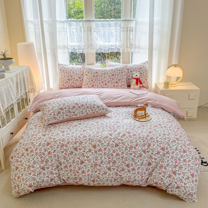 91家纺网 家纺一手货源 找家纺 宅家居 2026爆款田园风甜美小清新喷气印花纯棉四件套韩式圈圈花边40支全棉三件套 烟语