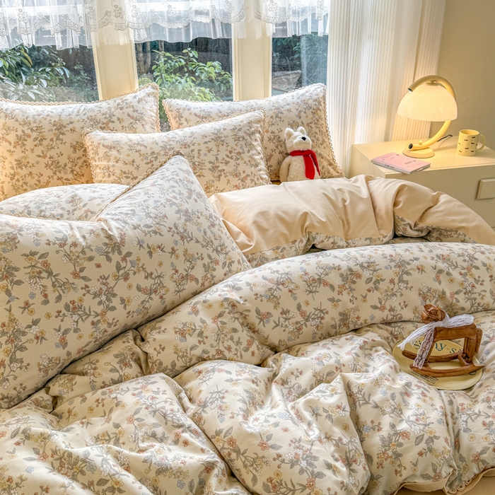 91家纺网 家纺一手货源 找家纺 宅家居 2026爆款田园风甜美小清新喷气印花纯棉四件套韩式圈圈花边40支全棉三件套 楼兰