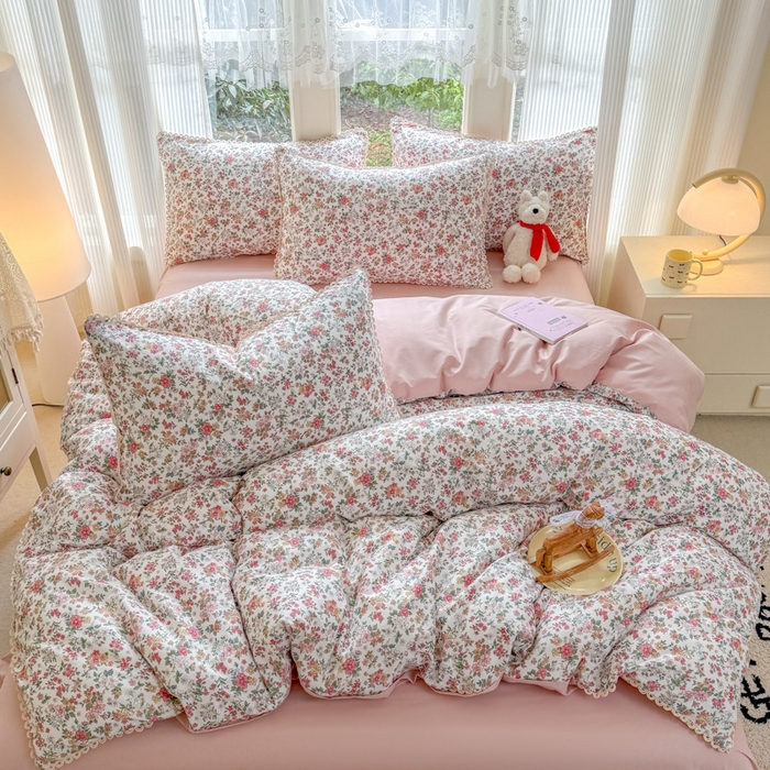 91家纺网 家纺一手货源 找家纺 宅家居 2026爆款田园风甜美小清新喷气印花纯棉四件套韩式圈圈花边40支全棉三件套 烟语