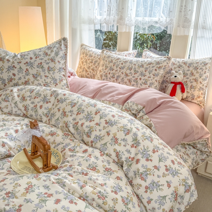 91家纺网 家纺一手货源 找家纺 宅家居 2026爆款田园风甜美小清新喷气印花纯棉四件套韩式圈圈花边40支全棉三件套 粉黛