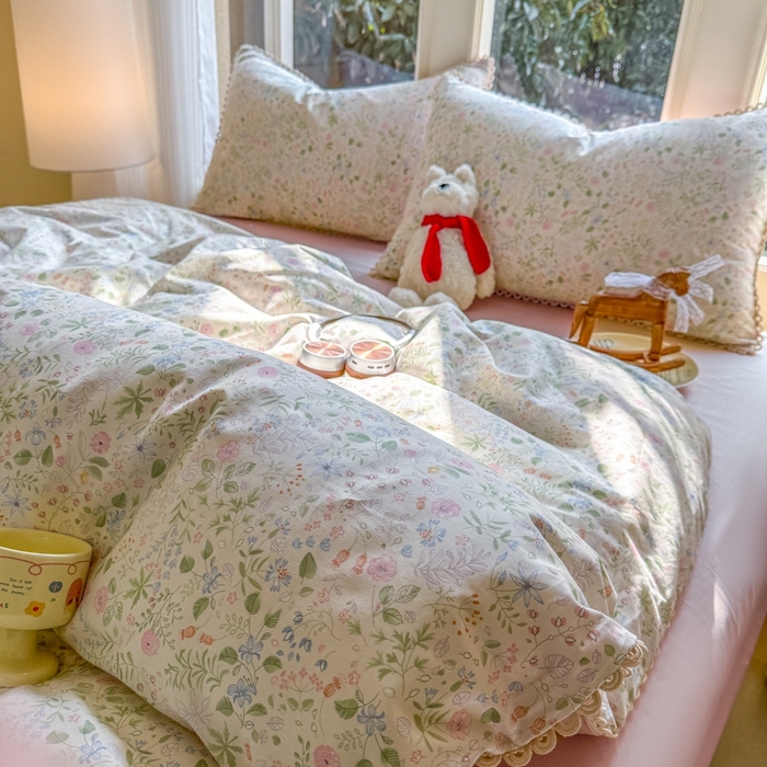 91家纺网 家纺一手货源 找家纺 宅家居 2026爆款田园风甜美小清新喷气印花纯棉四件套韩式圈圈花边40支全棉三件套 花香