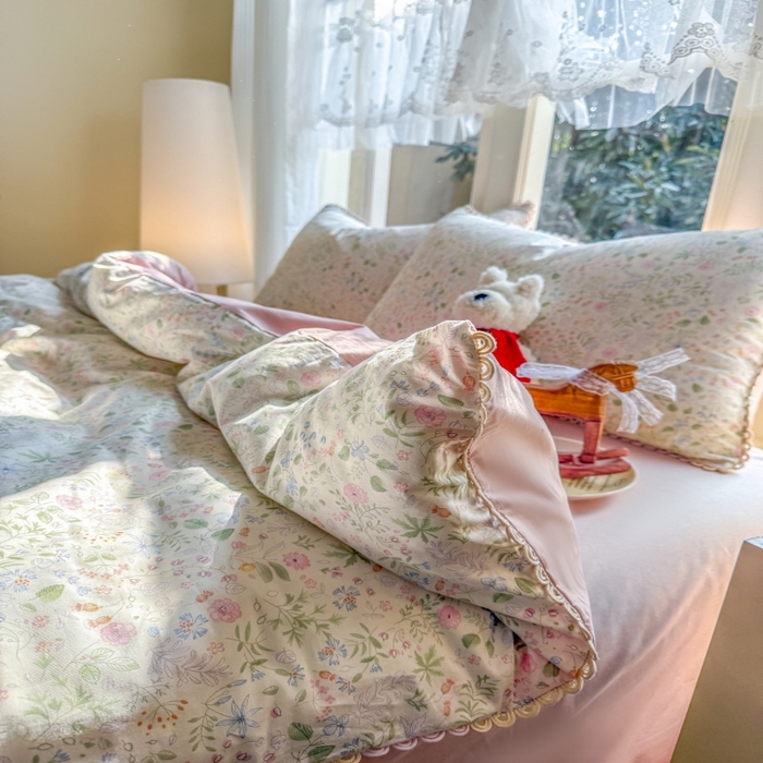 91家纺网 家纺一手货源 找家纺 宅家居 2026爆款田园风甜美小清新喷气印花纯棉四件套韩式圈圈花边40支全棉三件套 花香