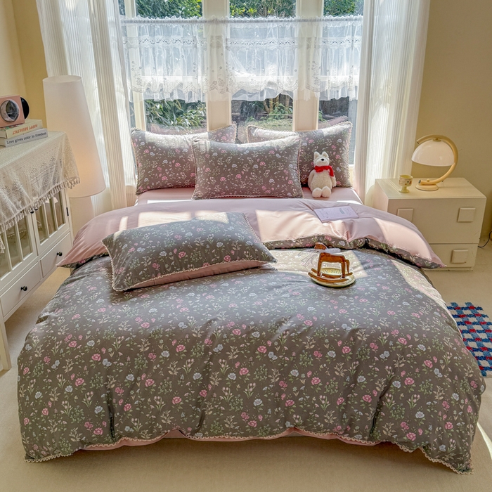 91家纺网 家纺一手货源 找家纺 宅家居 2026爆款田园风甜美小清新喷气印花纯棉四件套韩式圈圈花边40支全棉三件套 春色