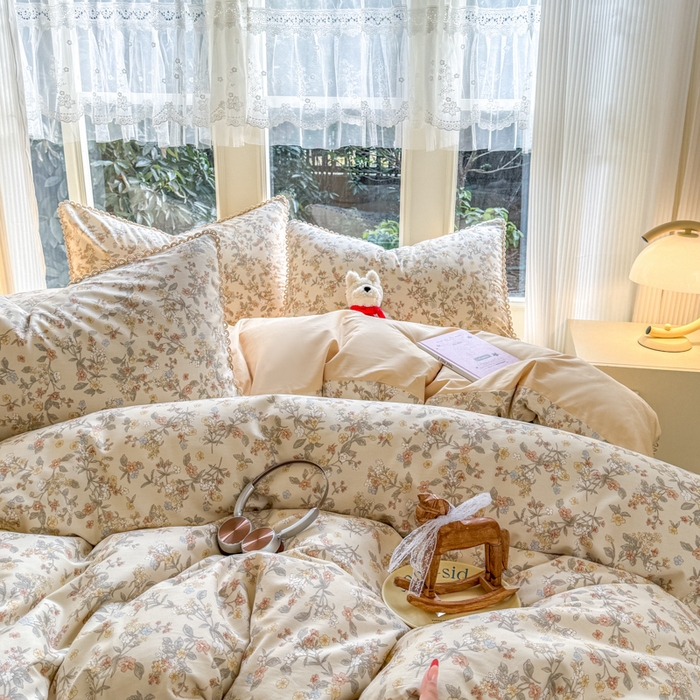 91家纺网 家纺一手货源 找家纺 宅家居 2026爆款田园风甜美小清新喷气印花纯棉四件套韩式圈圈花边40支全棉三件套 楼兰