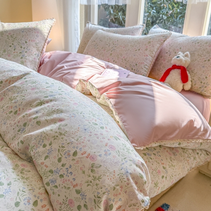 91家纺网 家纺一手货源 找家纺 宅家居 2026爆款田园风甜美小清新喷气印花纯棉四件套韩式圈圈花边40支全棉三件套 花香