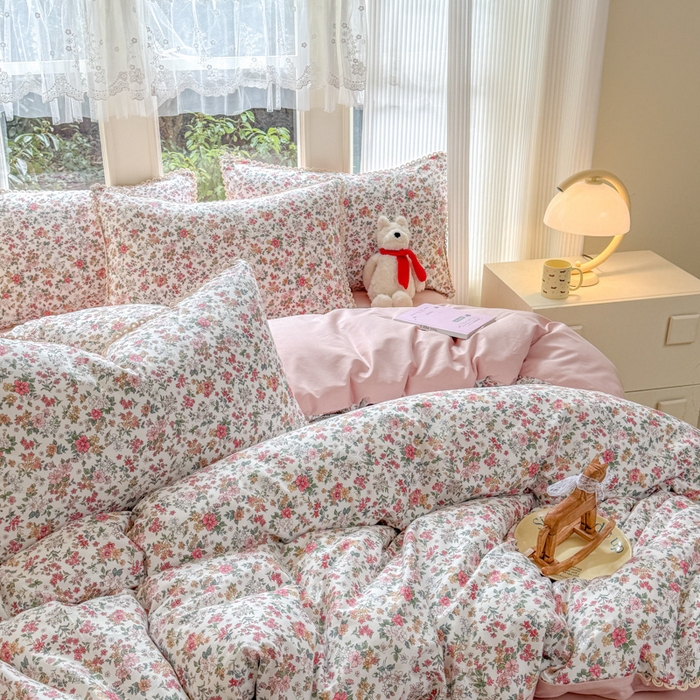 91家纺网 家纺一手货源 找家纺 宅家居 2026爆款田园风甜美小清新喷气印花纯棉四件套韩式圈圈花边40支全棉三件套 烟语