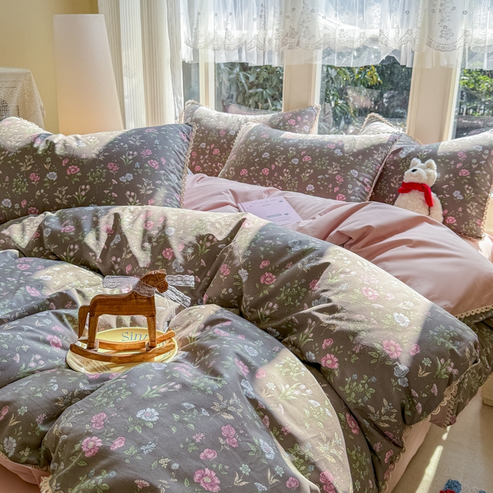 91家纺网 家纺一手货源 找家纺 宅家居 2026爆款田园风甜美小清新喷气印花纯棉四件套韩式圈圈花边40支全棉三件套 春色