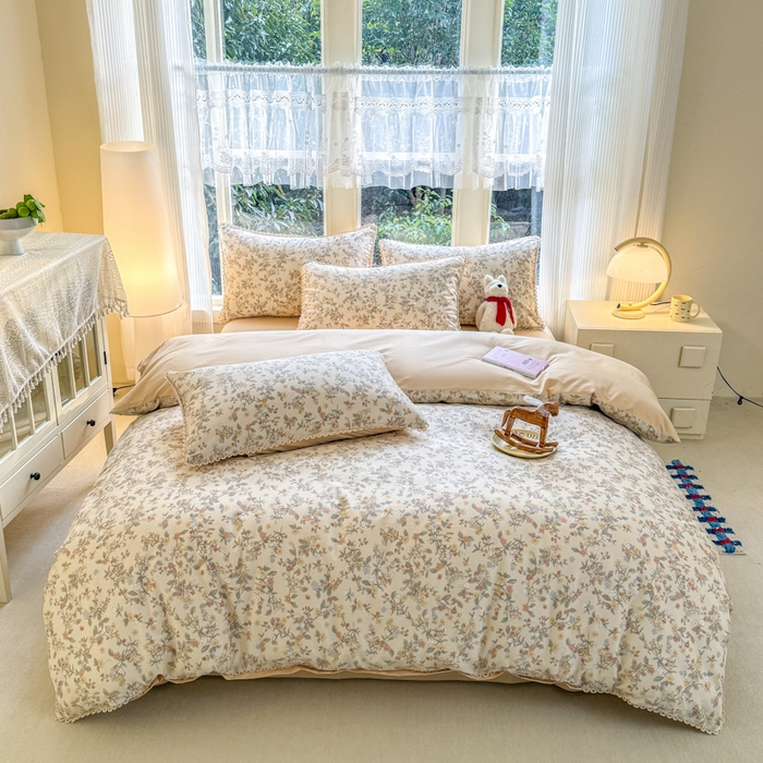 91家纺网 家纺一手货源 找家纺 宅家居 2026爆款田园风甜美小清新喷气印花纯棉四件套韩式圈圈花边40支全棉三件套 楼兰