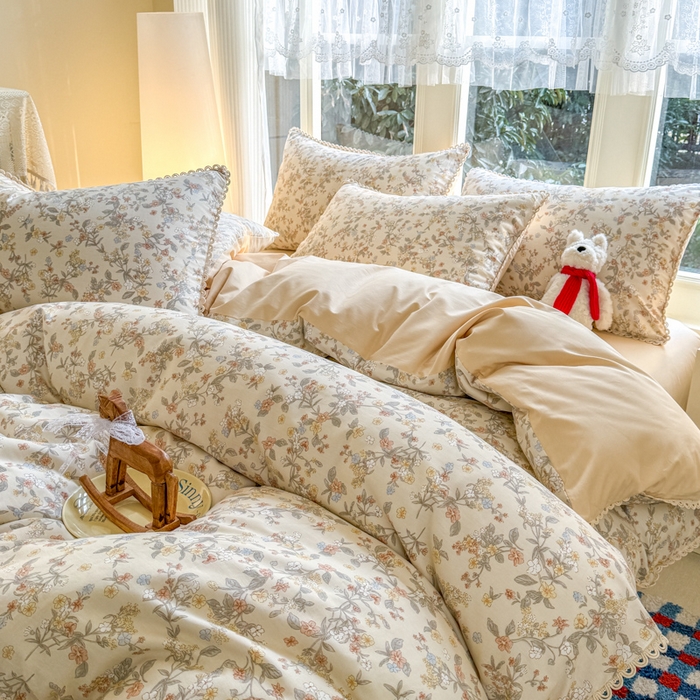 91家纺网 家纺一手货源 找家纺 宅家居 2026爆款田园风甜美小清新喷气印花纯棉四件套韩式圈圈花边40支全棉三件套 楼兰