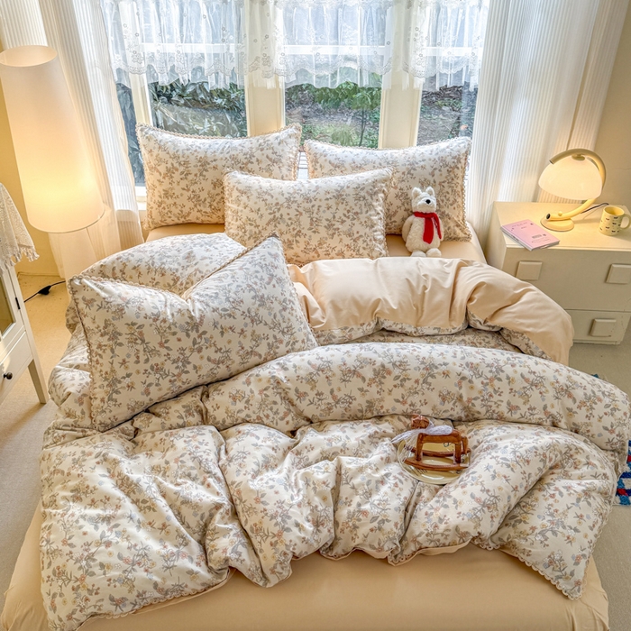 91家纺网 家纺一手货源 找家纺 宅家居 2026爆款田园风甜美小清新喷气印花纯棉四件套韩式圈圈花边40支全棉三件套 楼兰