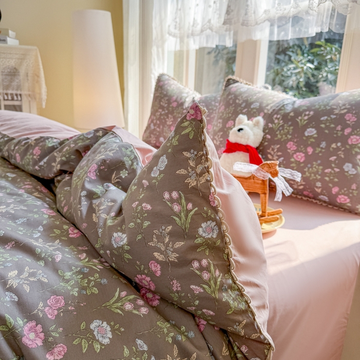 91家纺网 家纺一手货源 找家纺 宅家居 2026爆款田园风甜美小清新喷气印花纯棉四件套韩式圈圈花边40支全棉三件套 春色