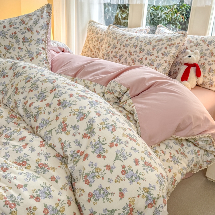 91家纺网 家纺一手货源 找家纺 宅家居 2026爆款田园风甜美小清新喷气印花纯棉四件套韩式圈圈花边40支全棉三件套 粉黛