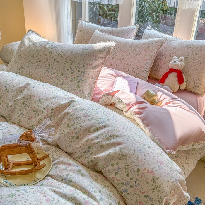 91家纺网 家纺一手货源 找家纺 宅家居 2026爆款田园风甜美小清新喷气印花纯棉四件套韩式圈圈花边40支全棉三件套 花香