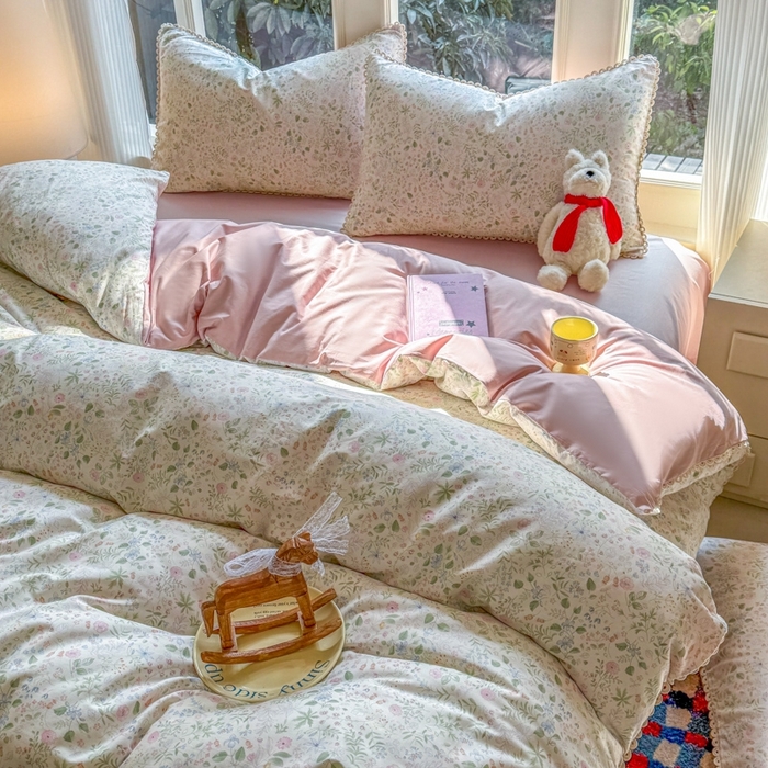 91家纺网 家纺一手货源 找家纺 宅家居 2026爆款田园风甜美小清新喷气印花纯棉四件套韩式圈圈花边40支全棉三件套 花香