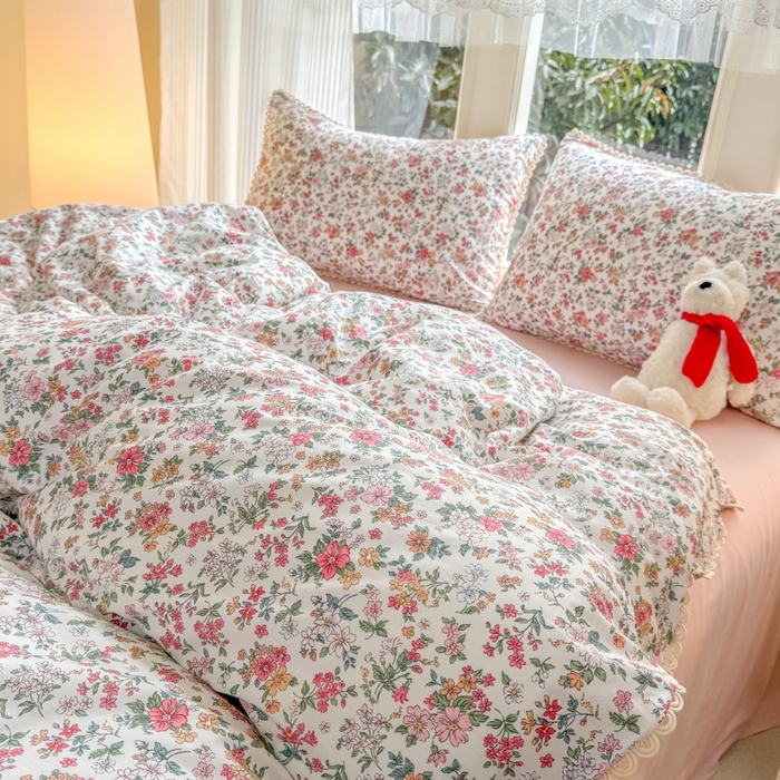 91家纺网 家纺一手货源 找家纺 宅家居 2026爆款田园风甜美小清新喷气印花纯棉四件套韩式圈圈花边40支全棉三件套 烟语