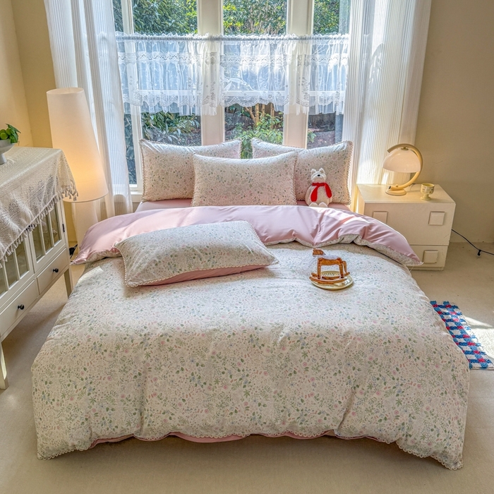 91家纺网 家纺一手货源 找家纺 宅家居 2026爆款田园风甜美小清新喷气印花纯棉四件套韩式圈圈花边40支全棉三件套 花香