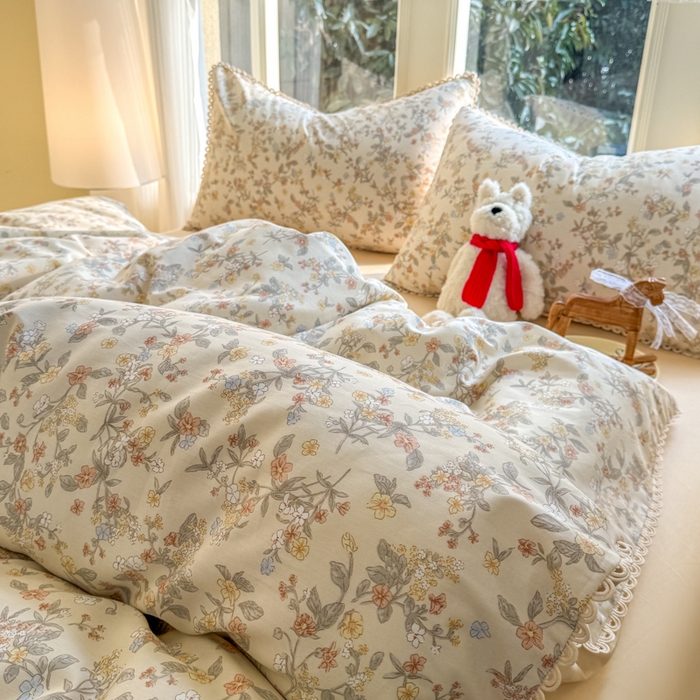 91家纺网 家纺一手货源 找家纺 宅家居 2026爆款田园风甜美小清新喷气印花纯棉四件套韩式圈圈花边40支全棉三件套 楼兰